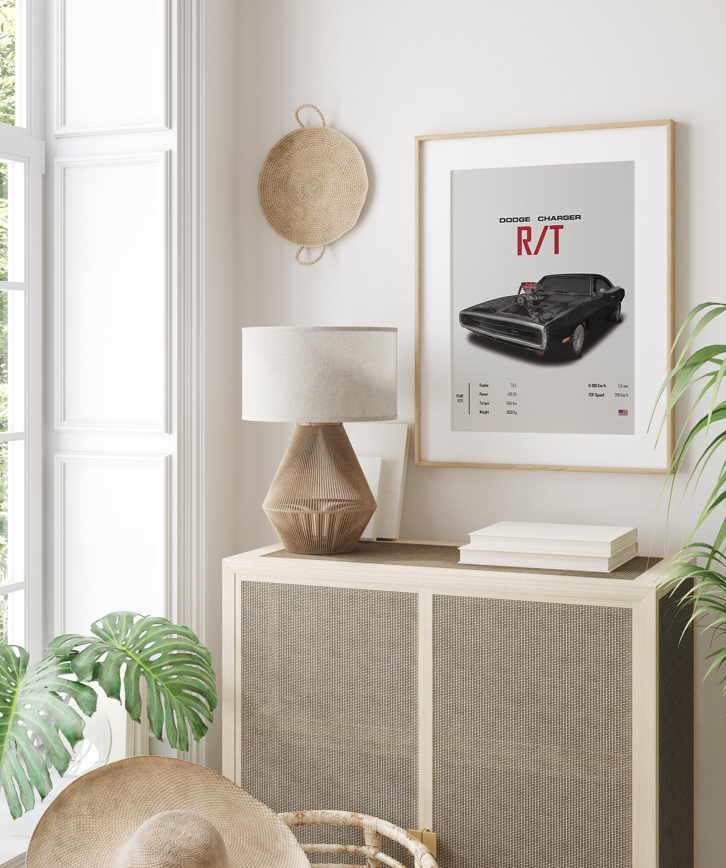 Wanddekoration mit DODGE CHARGER R/T Posterdruck von justgoodmood, perfekt für Auto-Enthusiasten, stilvolle Inneneinrichtung für Wohnzimmer und Büro.