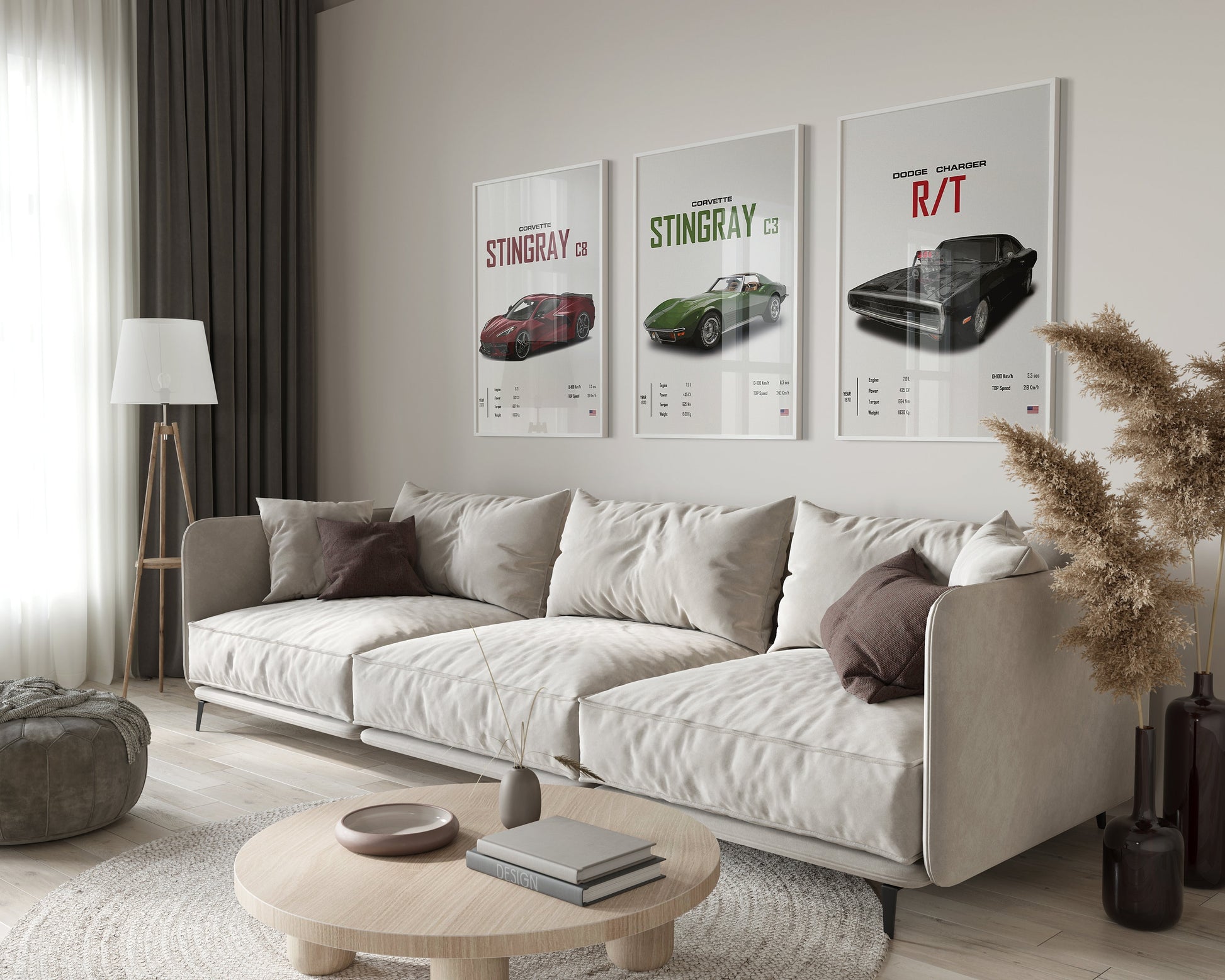 Gemütlicher Wohnraum mit dem Poster Sportwagen CORVETTE Stingray C8, C3 und DODGE CHARGER RT, das stilvolle Wanddeko von justgoodmood, ein Highlight für jedes Wohnzimmer.