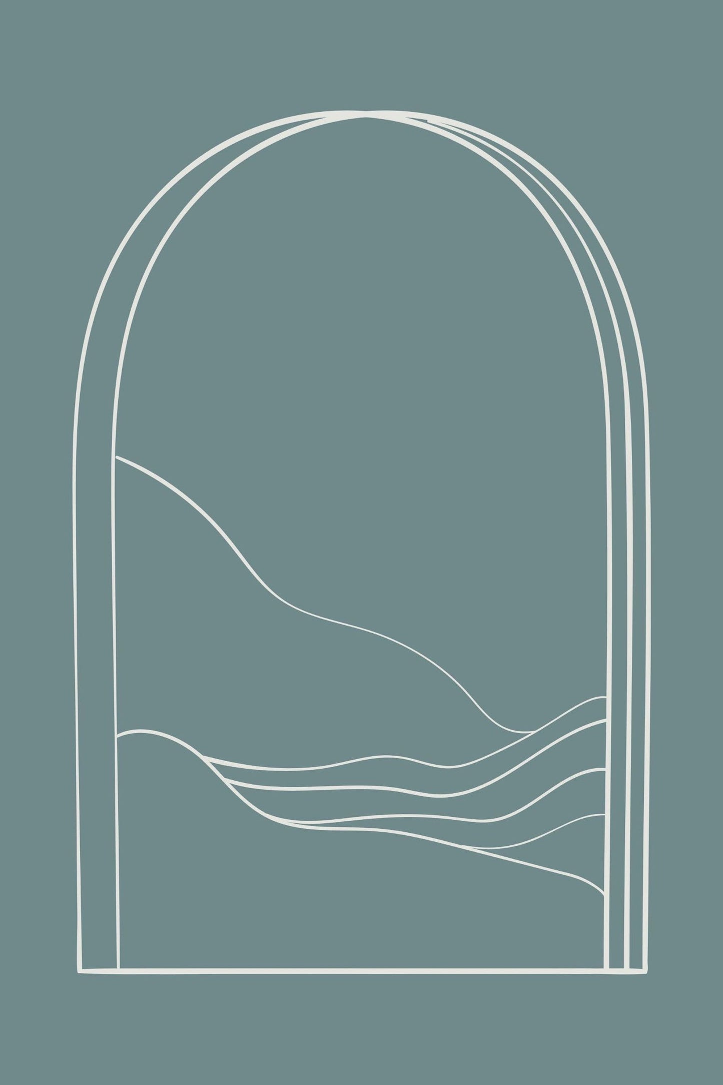 Elegantes Boho Minimalistisch Poster von justgoodmood mit geschwungenen Linien, die eine harmonische Landschaft darstellen.