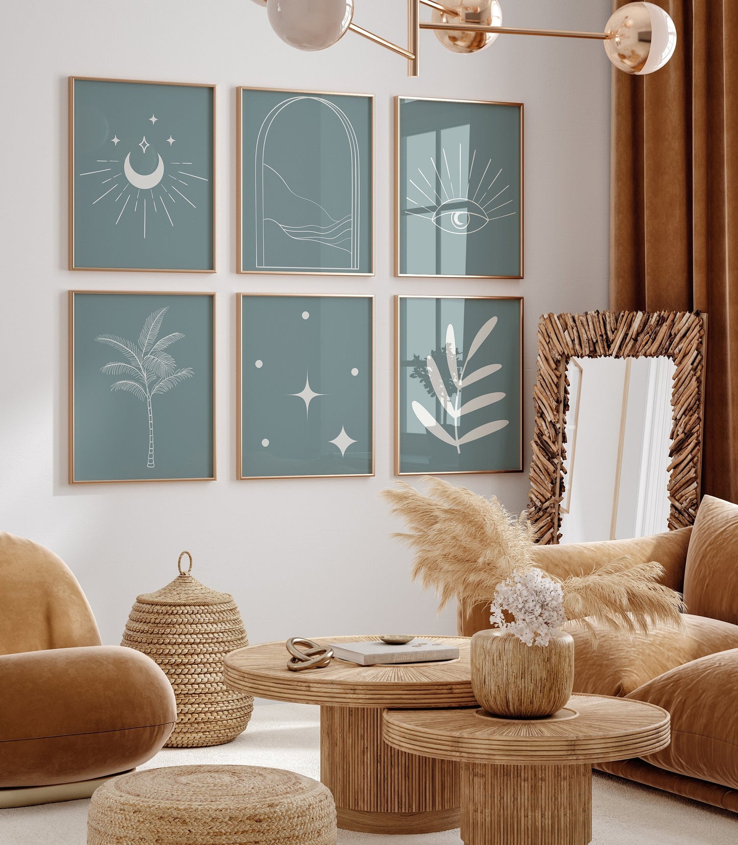 Helle Wohnlandschaft mit Boho Modern Minimalistisch Poster von justgoodmood, das Linien, Sterne, Sonne, Bogen und Palmenblatt in eleganter Wanddekoration vereint.