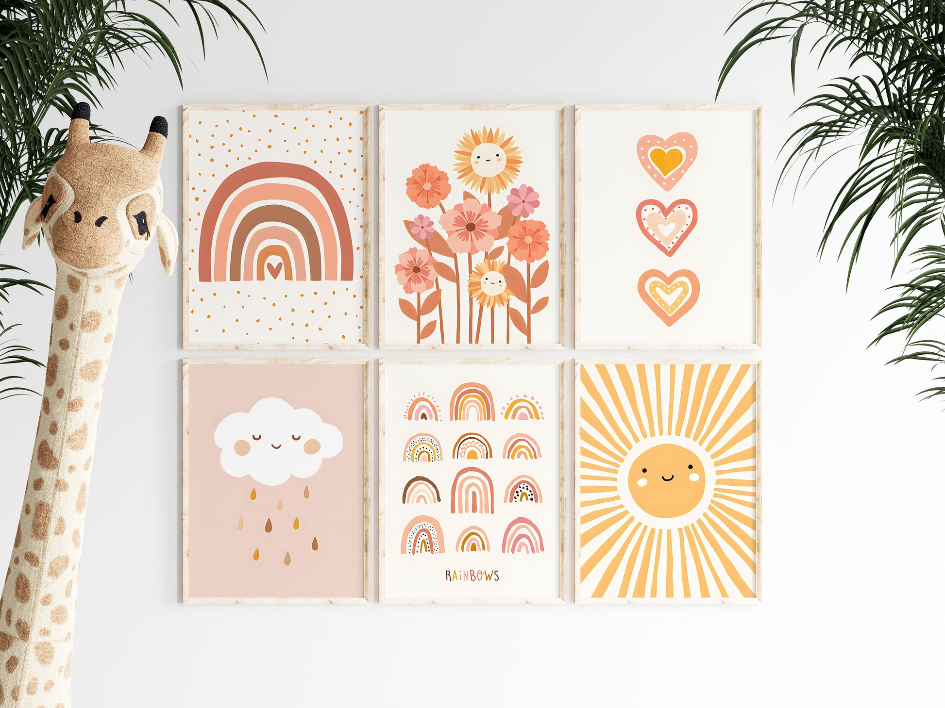 Fröhliches Kinderzimmerposter mit Sonnenstrahlen, Regenbogen, Herzen und bunten Blumen, ideal für die Wanddekoration von justgoodmood. Verwandeln Sie das Kinderzimmer mit diesem kreativen Kunstdruck!