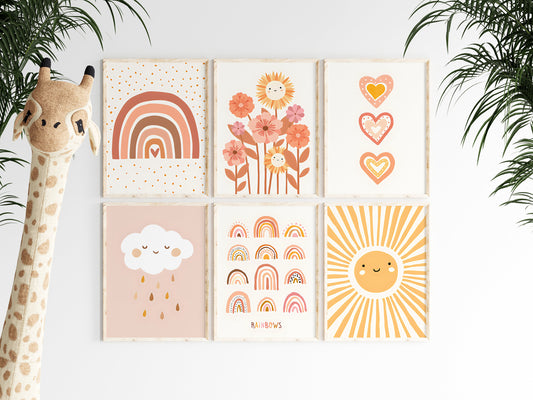 Fröhliches Kinderzimmerposter mit Sonnenstrahlen, Regenbogen, Herzen und bunten Blumen, ideal für die Wanddekoration von justgoodmood. Verwandeln Sie das Kinderzimmer mit diesem kreativen Kunstdruck!