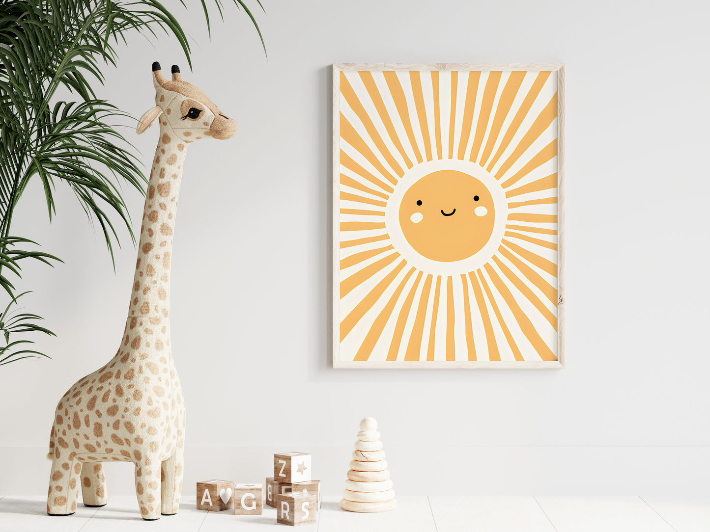 Strahlendes Kinderzimmerposter mit einer lächelnden Sonne und Sonnenstrahlen, bringt Freude und Licht in jedes Kinderzimmer von justgoodmood - Poster Kinderzimmer Sonnenstrahlen Regenbogen Herzen Blumen.