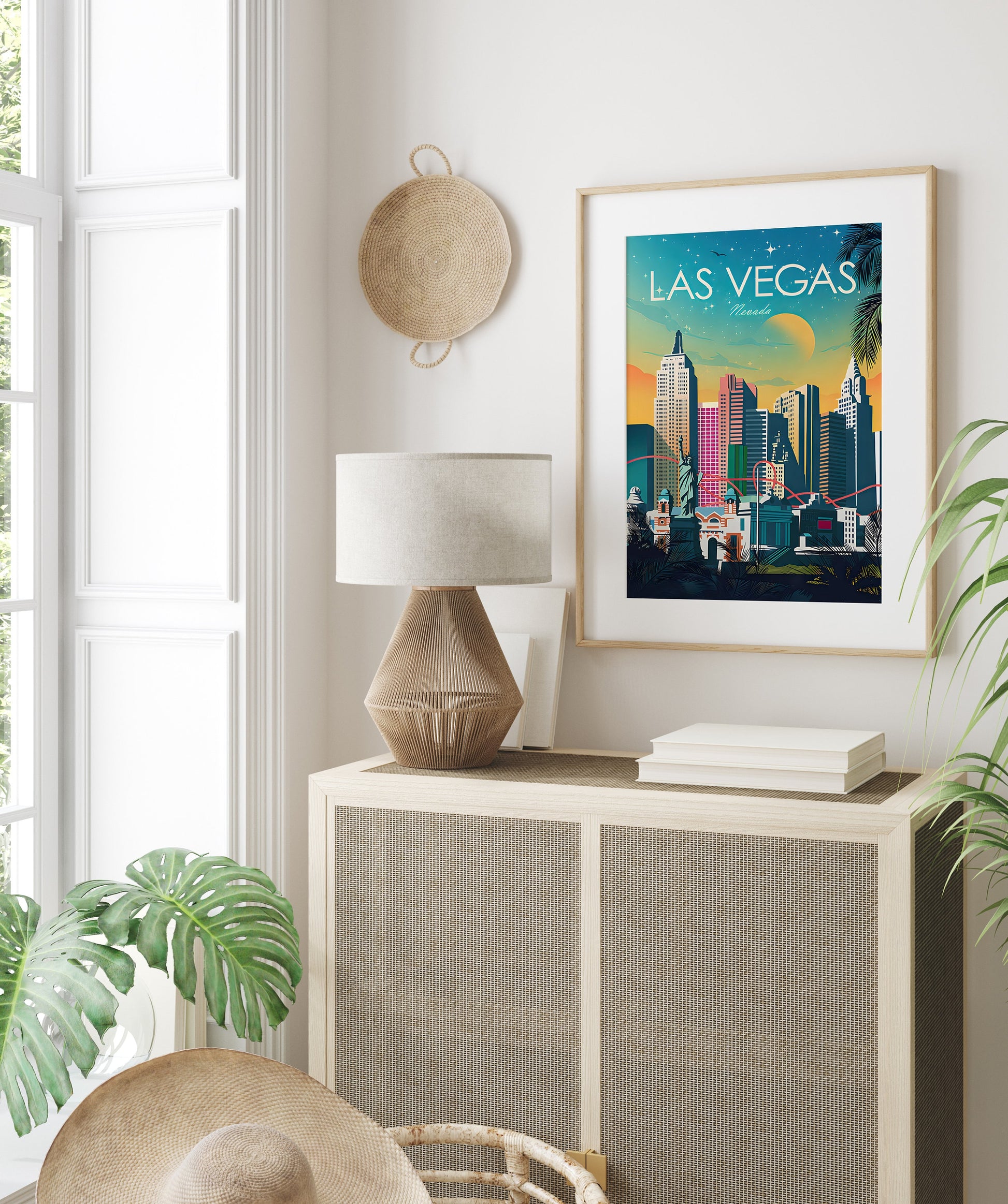 Lebhaftes Poster von Las Vegas, Nevada, stilvoll gerahmt, das das Wohnzimmer dekoriert. Ein ausgefallenes Kunstwerk von justgoodmood für Weltreisende.