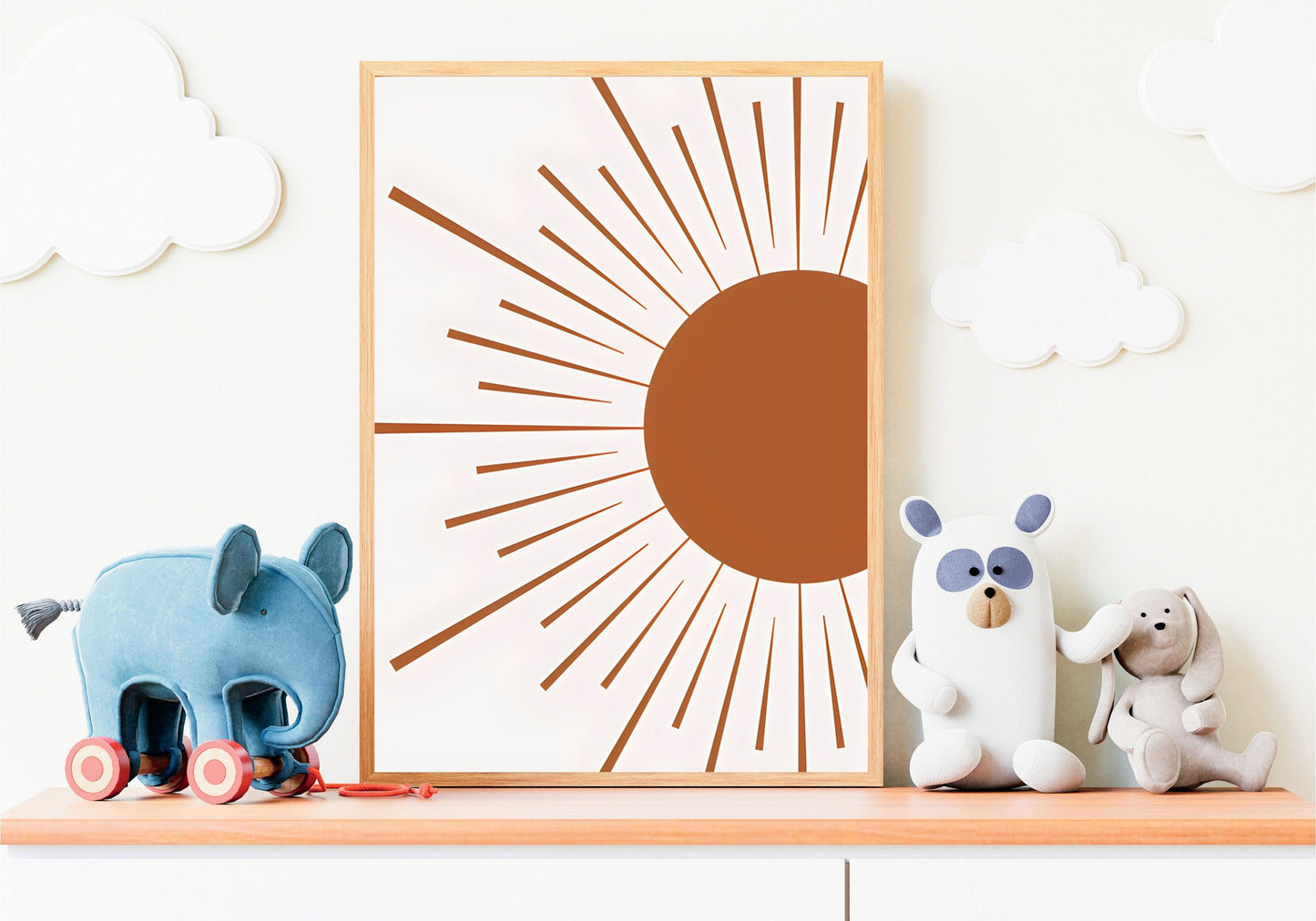 Wunderschönes Wandbild für Kinderzimmer mit einzigartigem Sonnenmuster von justgoodmood. Perfekte Dekoration um eine verspielte Atmosphäre zu schaffen. Poster Kinderzimmer Bilder Sonnenstrahlen Blumen Regenbogen Regen Herzen Mond Berge Gute Nacht I Wand Deko I Deko Print ohne Rahmen.