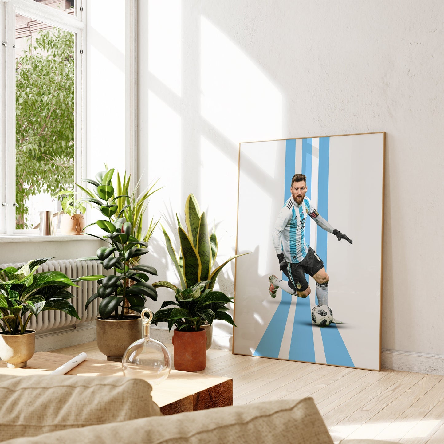Stilvolles Messi Poster zum Fußball im minimalistischen Design, perfekt für jede Wanddekoration, erhältlich bei justgoodmood.