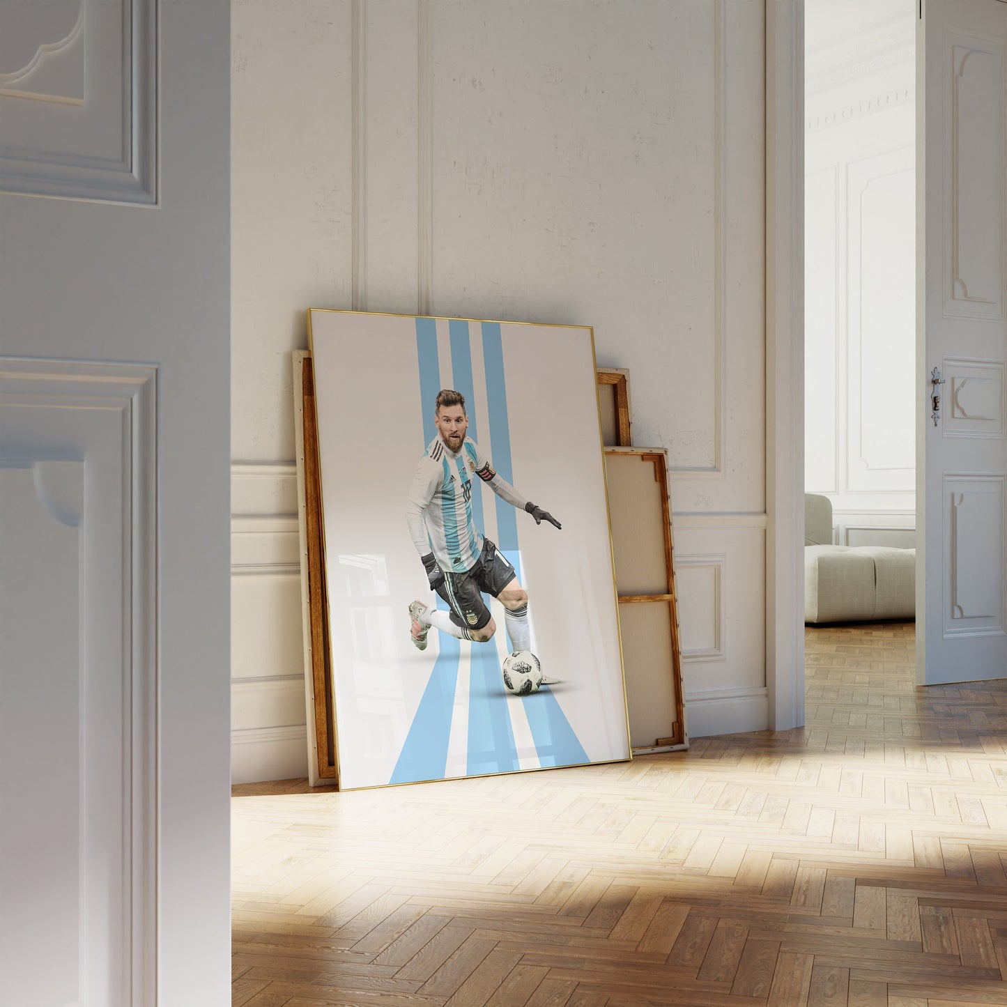 Messi Poster Fußball Minimalistisch von justgoodmood, elegant an die Wand gelehnt, mit bleibenden und lebendigen Farben.