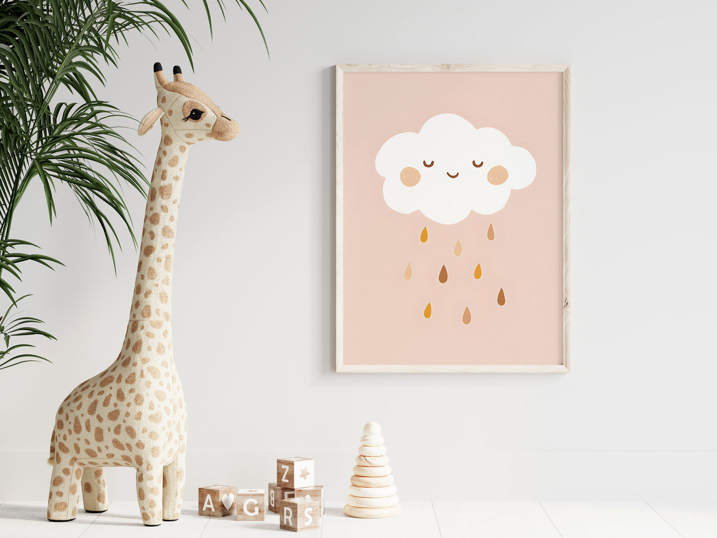 Niedliches Kinderzimmerposter mit lächelnder Wolke und Regentropfen, ideal für eine entspannte Atmosphäre im Kinderzimmer von justgoodmood - Poster Kinderzimmer Sonnenstrahlen Regenbogen Herzen Blumen.