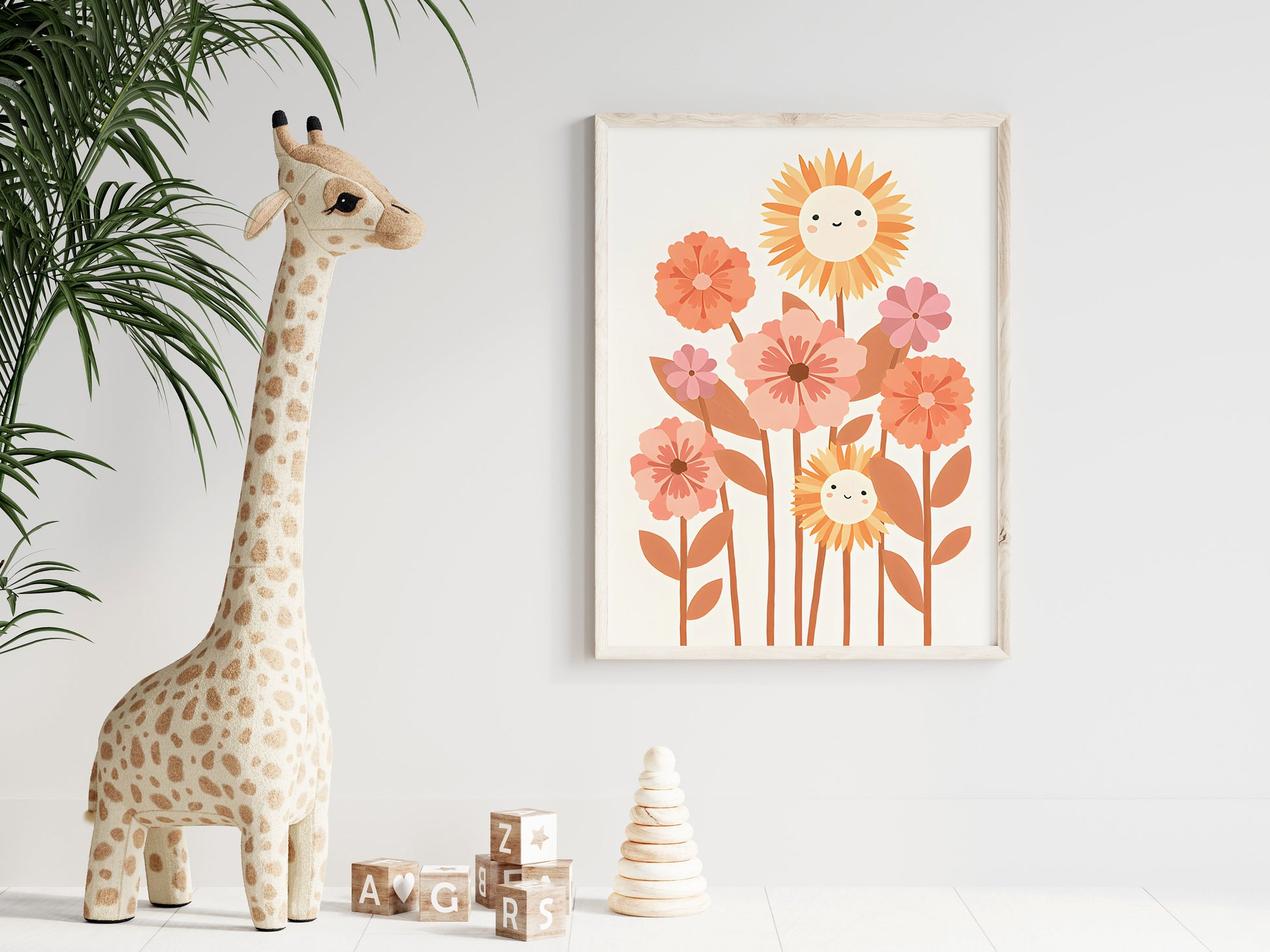 Lebhaftes Kinderzimmerposter mit fröhlichen Blumen und lächelnden Sonnenblumen, ideal für die Wanddekoration. Ein kreatives Kunstwerk von justgoodmood für eine positive Atmosphäre.