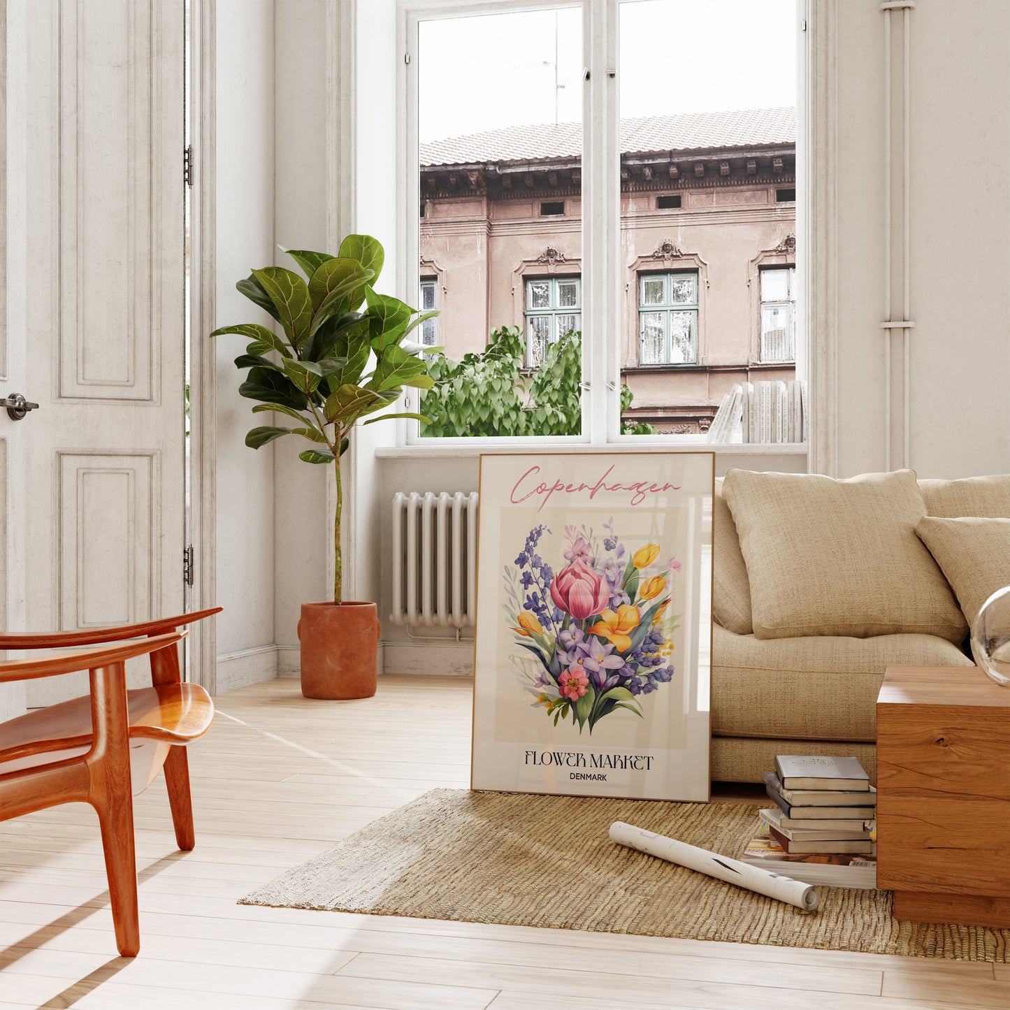 Copenhagen Flower Market Design Poster von justgoodmood, auf einem Boden in einem stilvollen Raum, zusammen mit einem dekorativen Stuhl und Pflanzen.