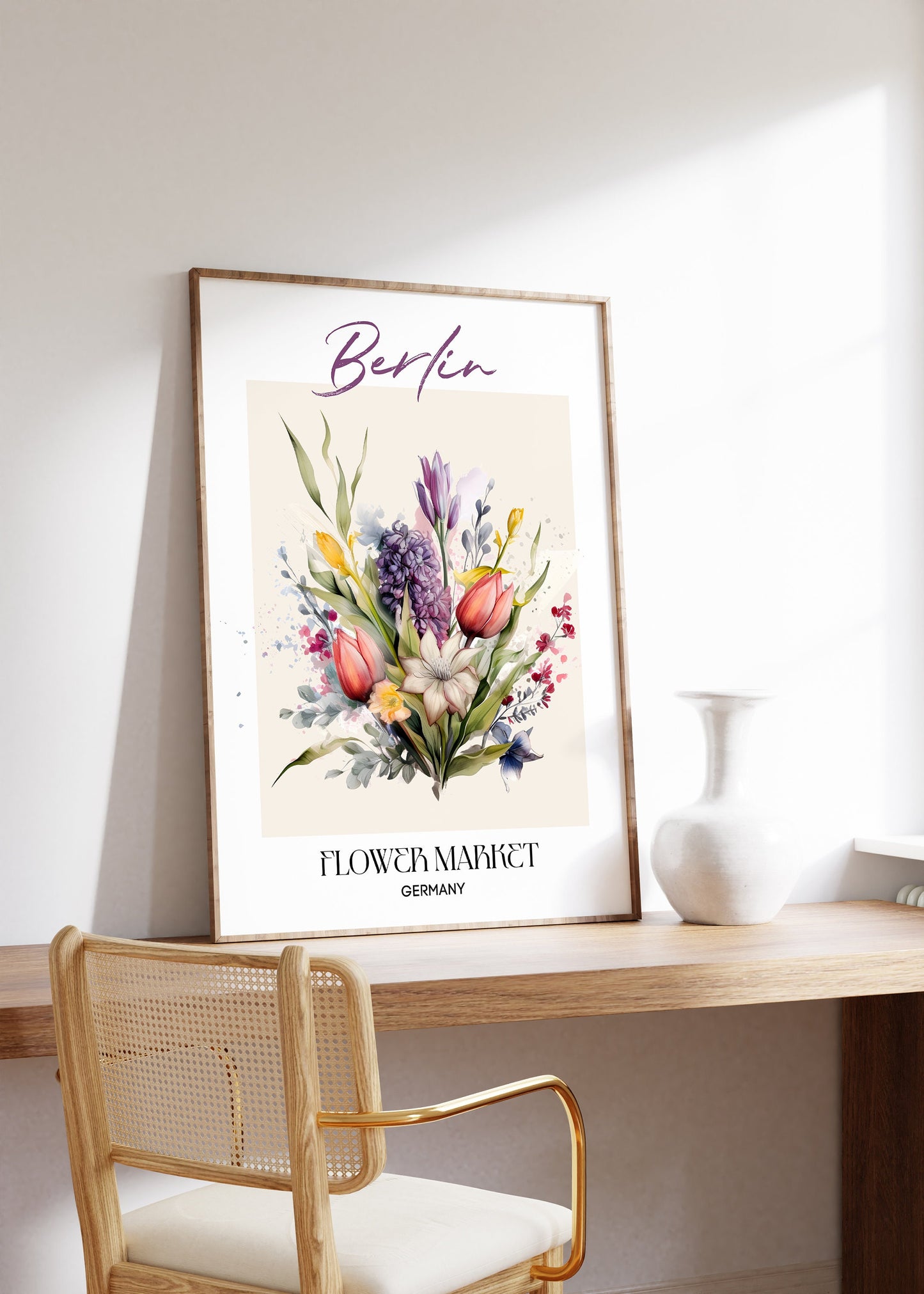 Berlin Flower Market Poster von JustGoodMood, auf einem hellen Tisch in einem sonnigen Raum, ideal für Wanddekoration.