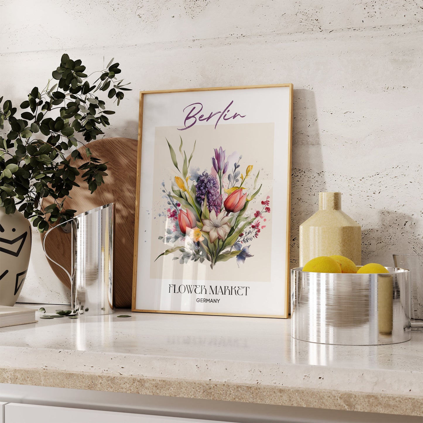 Berlin Flower Market Germany Design Poster von justgoodmood, stilvoll eingerahmt und auf einem modernen Tisch platziert, umgeben von frischen Pflanzen und einer minimalistischen Küchenumgebung. Perfektes Wanddeko für das Wohnzimmer.
