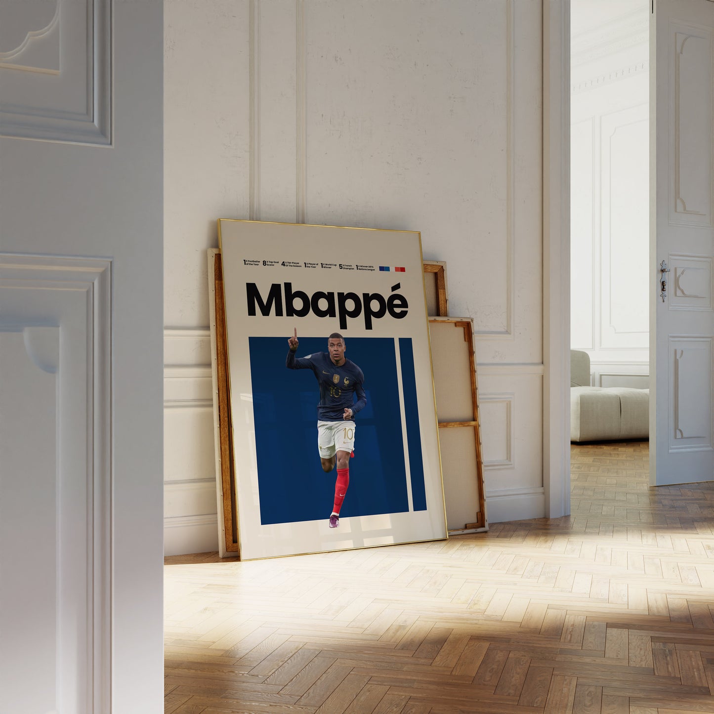 Stylisches Mbappé-Poster im modernen minimalistischen Stil, bereit, jeden Raum aufzuhellen – ein hochwertiges Kunstwerk von justgoodmood.