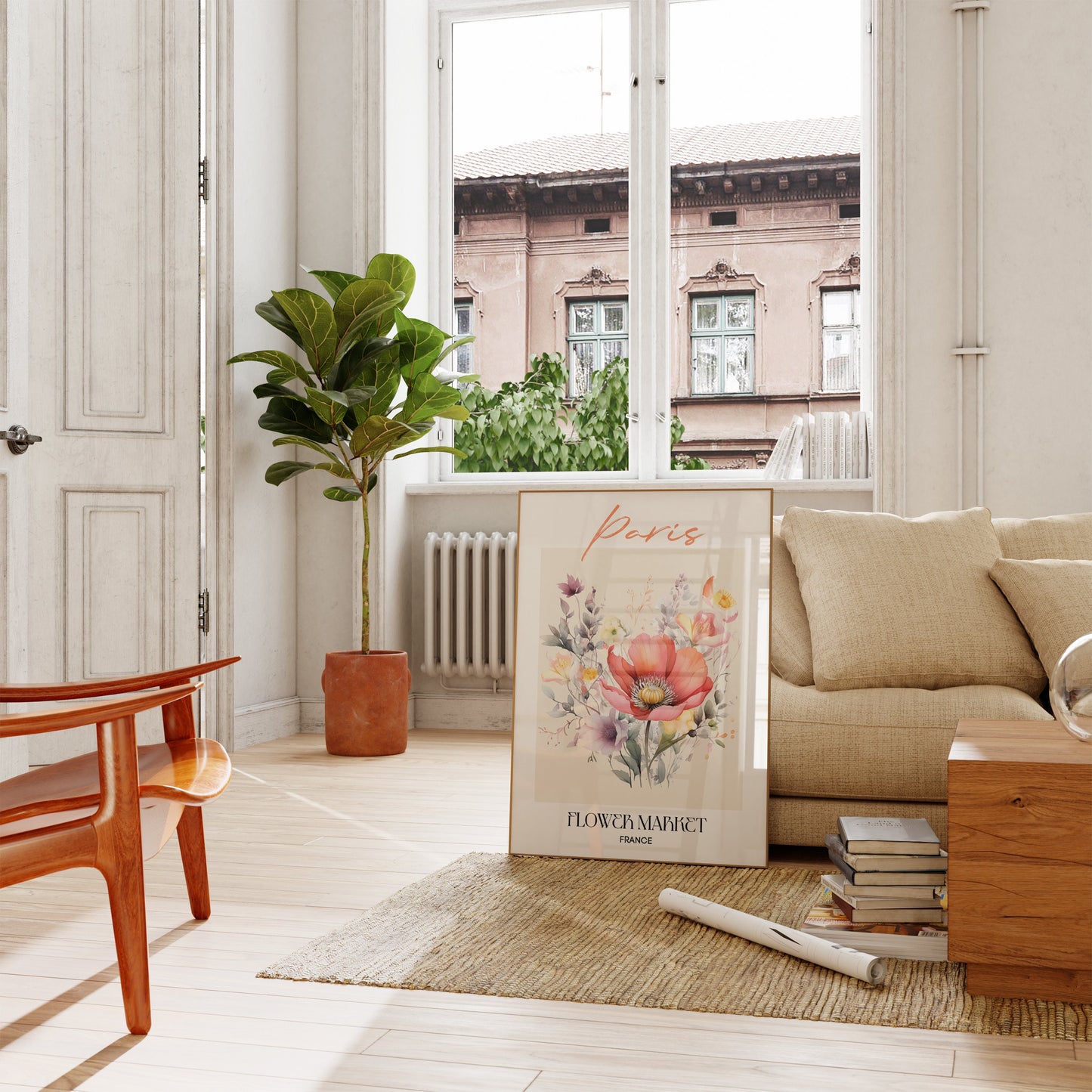 Hübsches Paris Flower Market Poster von justgoodmood steht in einem modernen Wohnzimmer auf dem Boden, beleuchtet von Tageslicht und umgeben von stilvollen Möbeln.