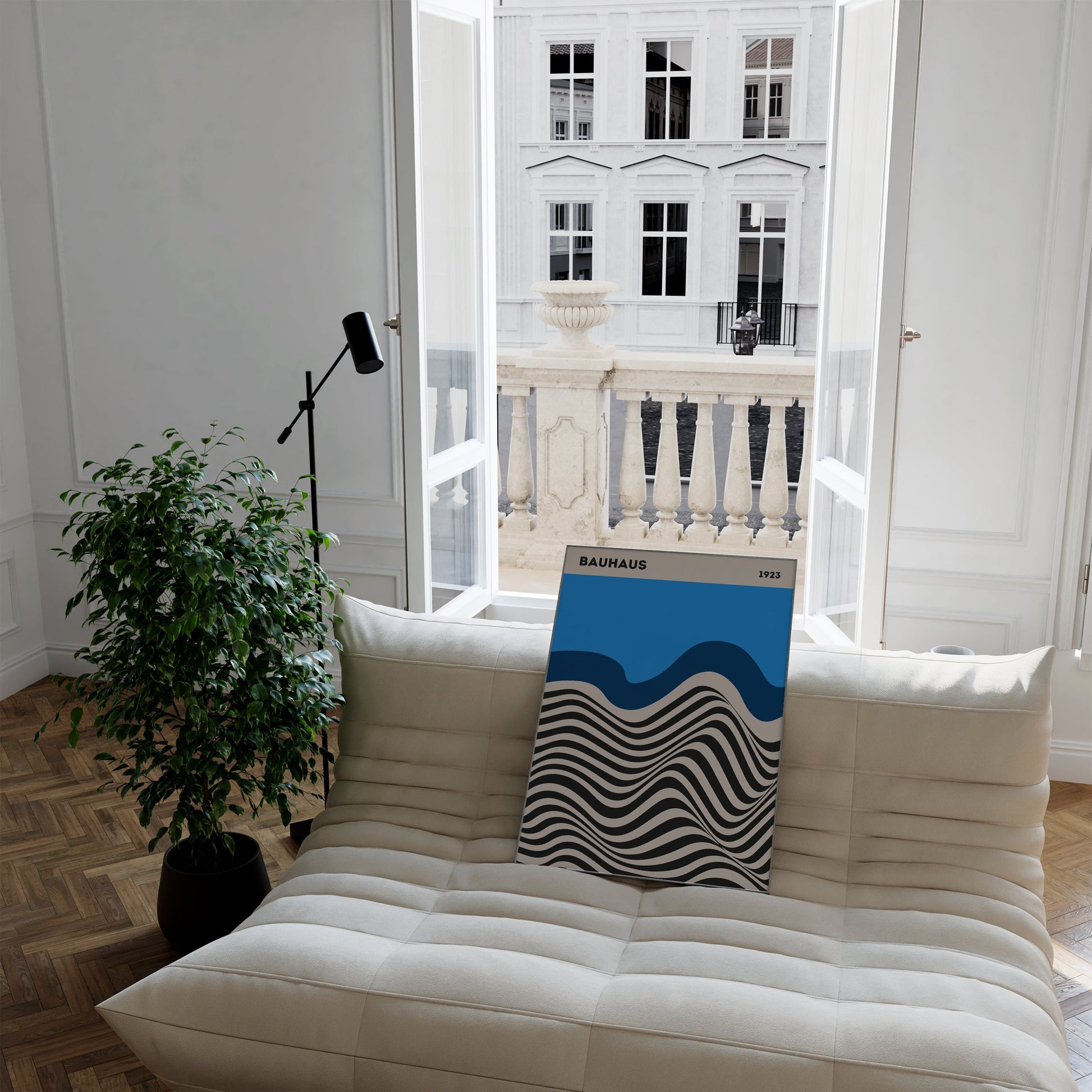 Das ansprechende Bauhaus Ausstellung Poster von justgoodmood auf einem gemütlichen Sofa. Perfekt für ein stilvolles und kreatives Wohnambiente.