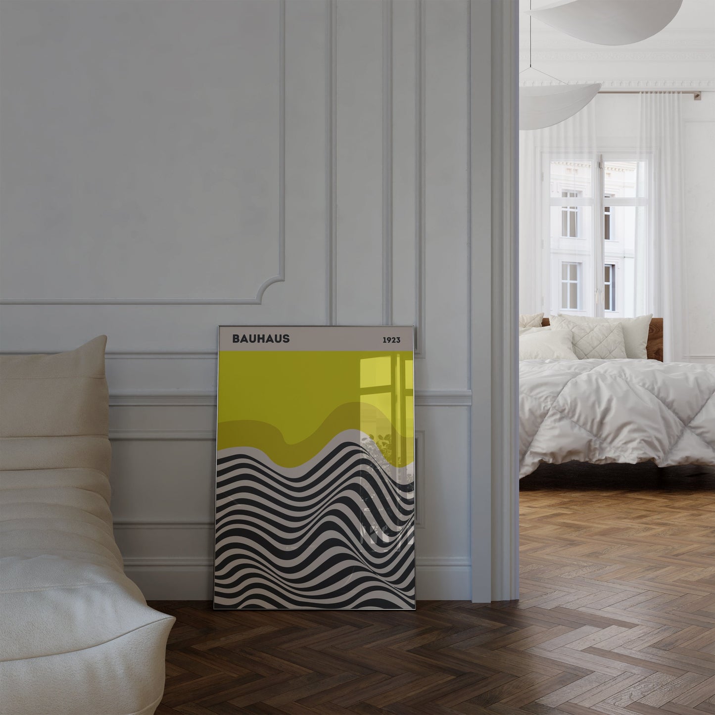 Bauhaus Ausstellung Poster, präsentiert in einem modernen Wohnraum, von justgoodmood - perfektes Geschenk für Bauhaus Designliebhaber.