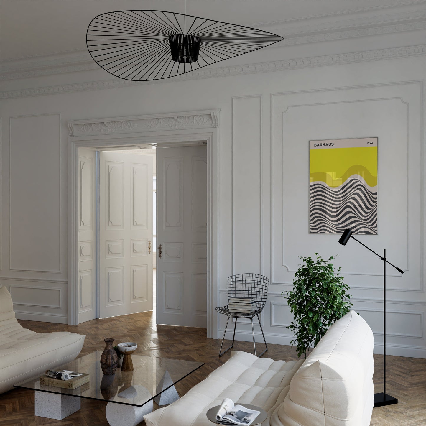 Moderne Einrichtung mit Bauhaus Ausstellung Poster an der Wand, dekoriert von justgoodmood - eine zeitlose Wandkunst Idee.