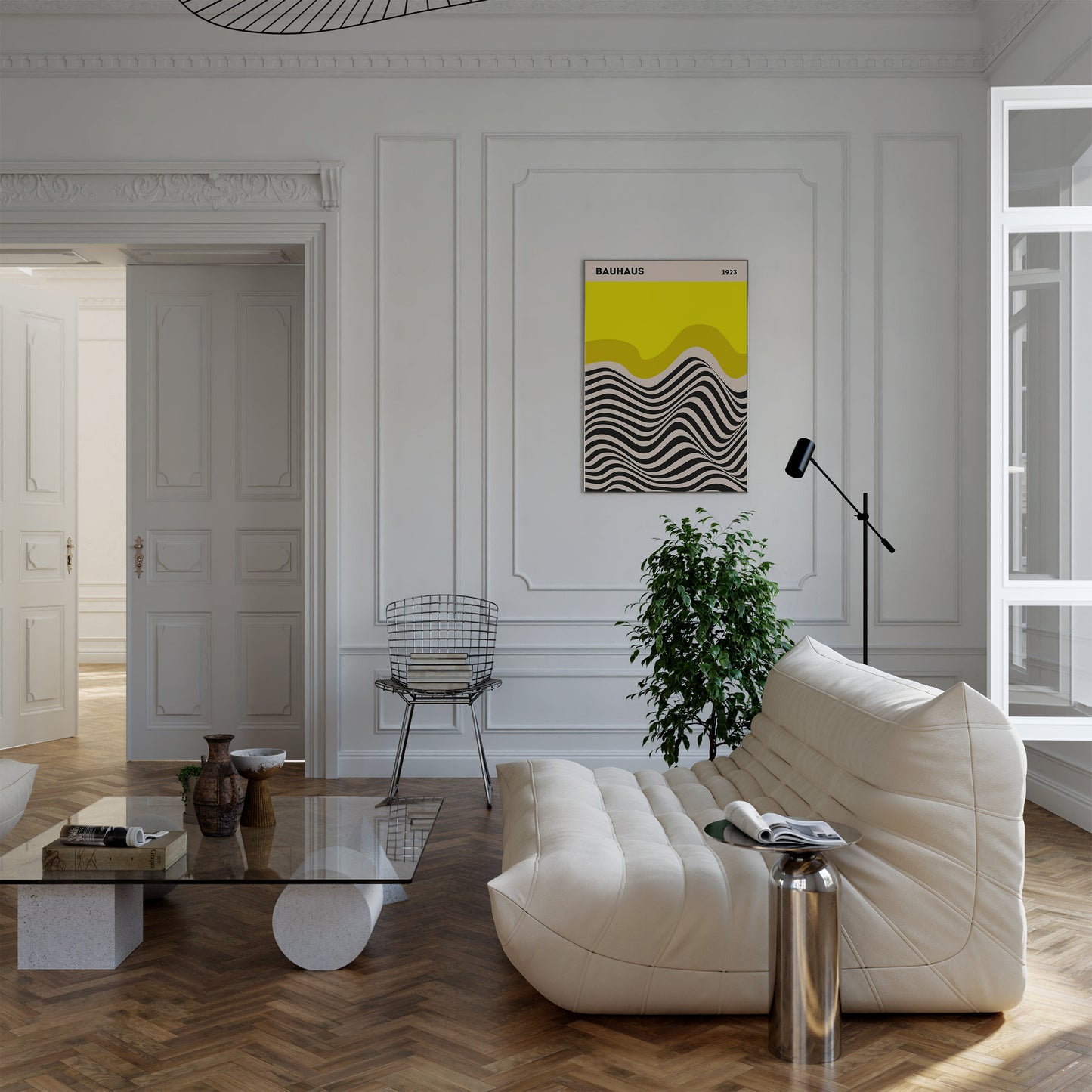 Bauhaus Ausstellung Poster an einer Wand in einem eleganten Raum, perfektes Beispiel für moderne Kunst von justgoodmood!