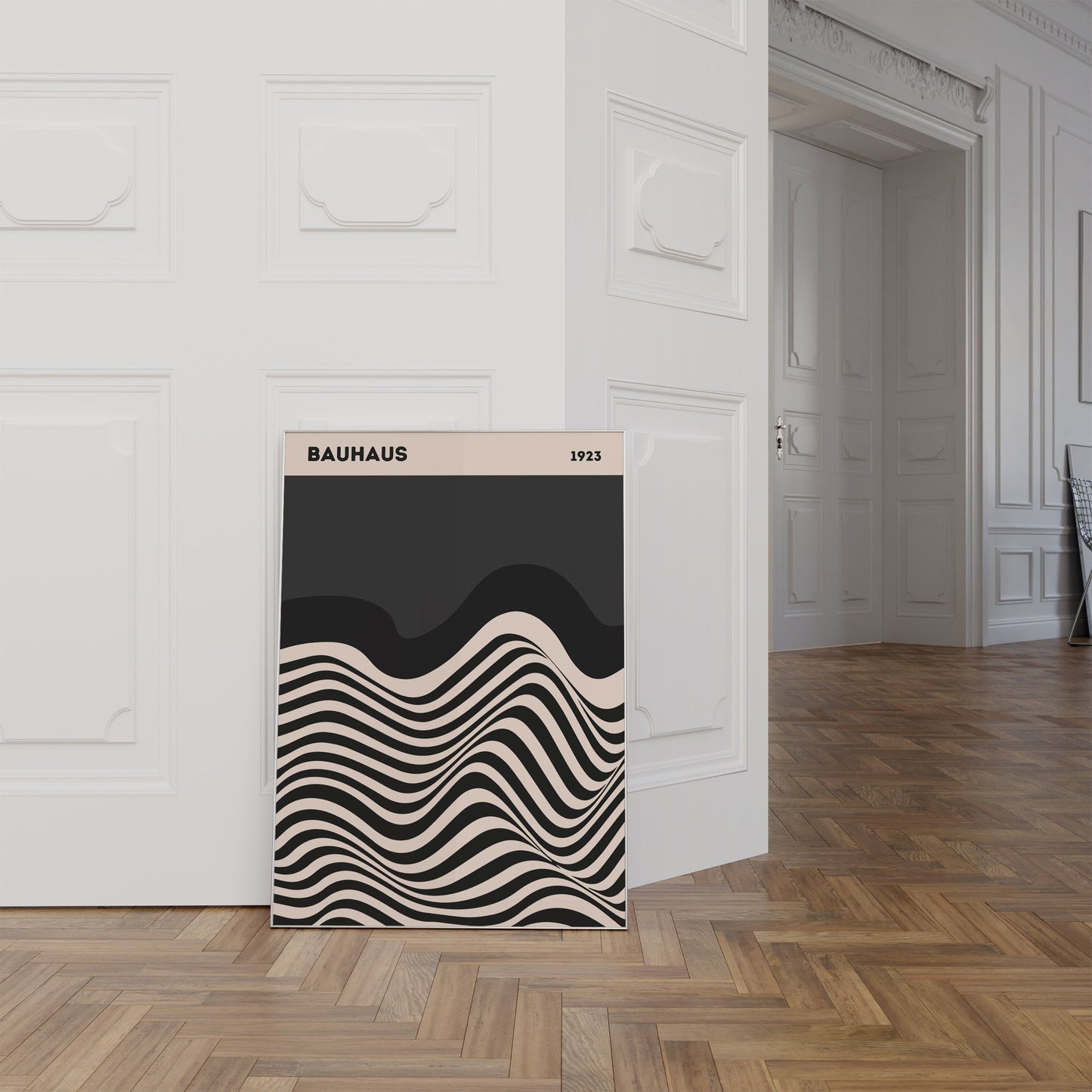 Bauhaus Ausstellung Poster von justgoodmood, gezeigt in einem modernen Raum mit Holzfußboden und elegantem Design, ideal für trendbewusste Deko-Ideen.