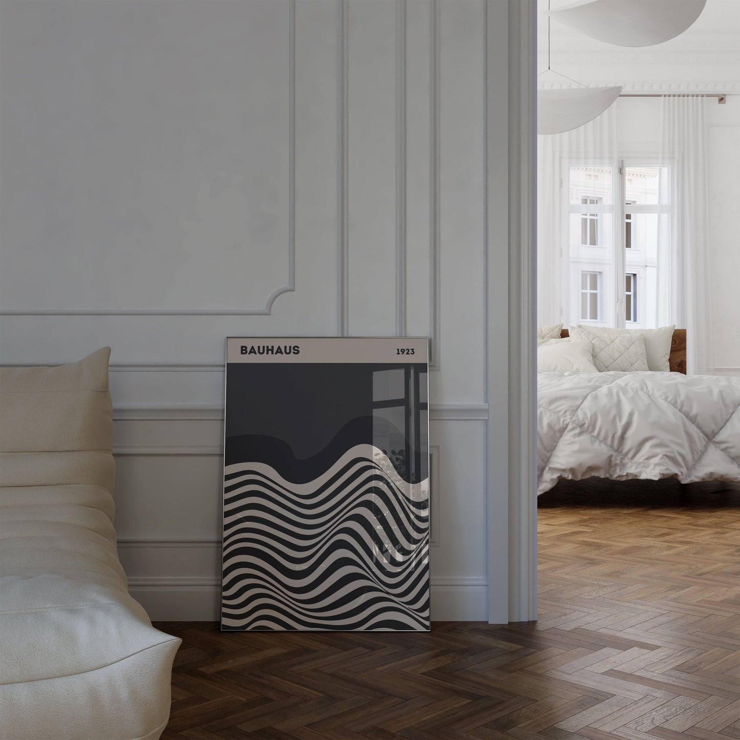 Bauhaus Ausstellung Poster von justgoodmood in einem stilvollen Raum, perfekt für Designliebhaber. Das Kunstwerk zeigt geschwungene Linien und bringt eine kreative Wanddekoration.