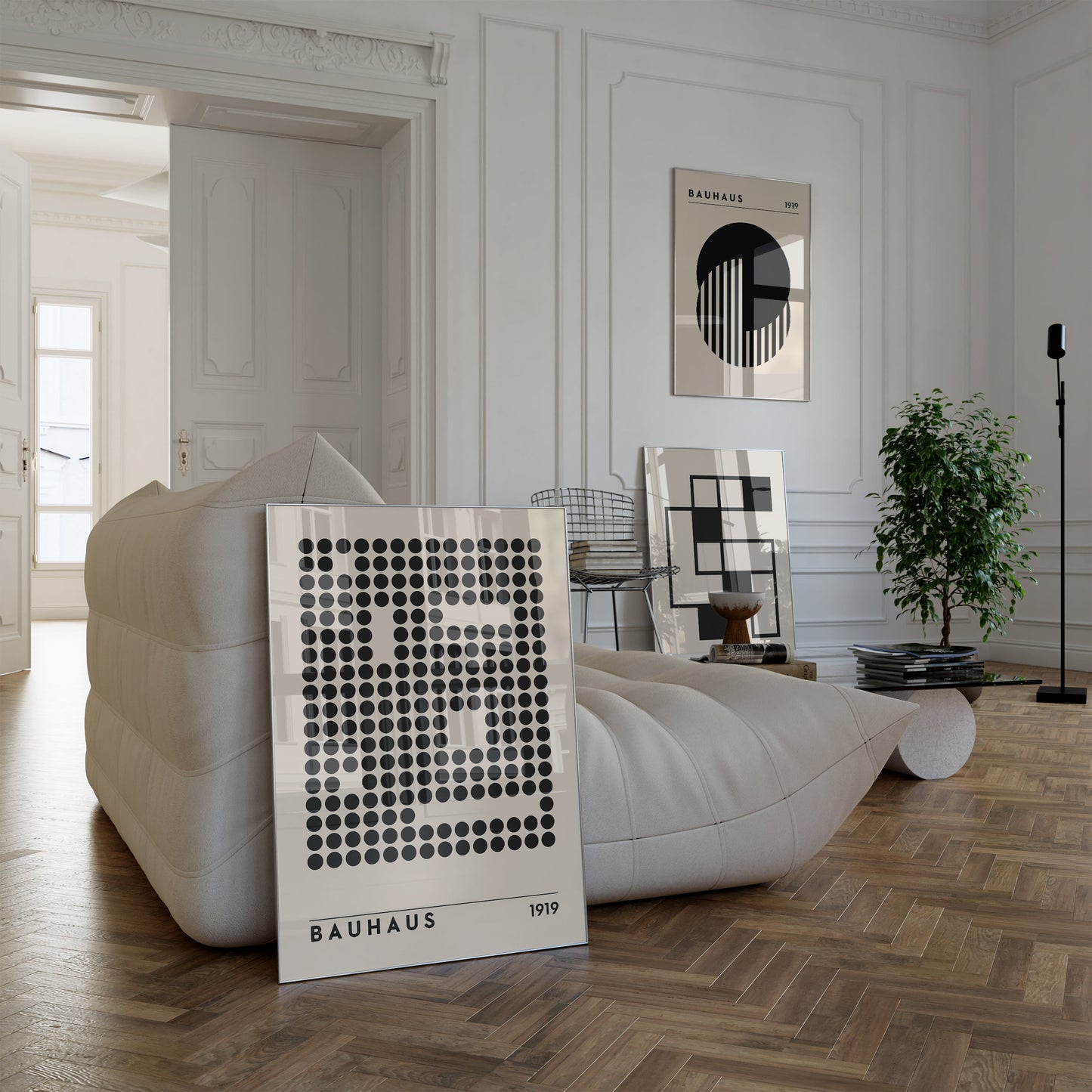 Bauhaus Wandkunst Poster von justgoodmood, stilvolles Kunstwerk in einem chicen Wohnzimmer, bringt zeitloses Design und kreative Akzente in Ihre Räume und ist ein tolles Geschenk.