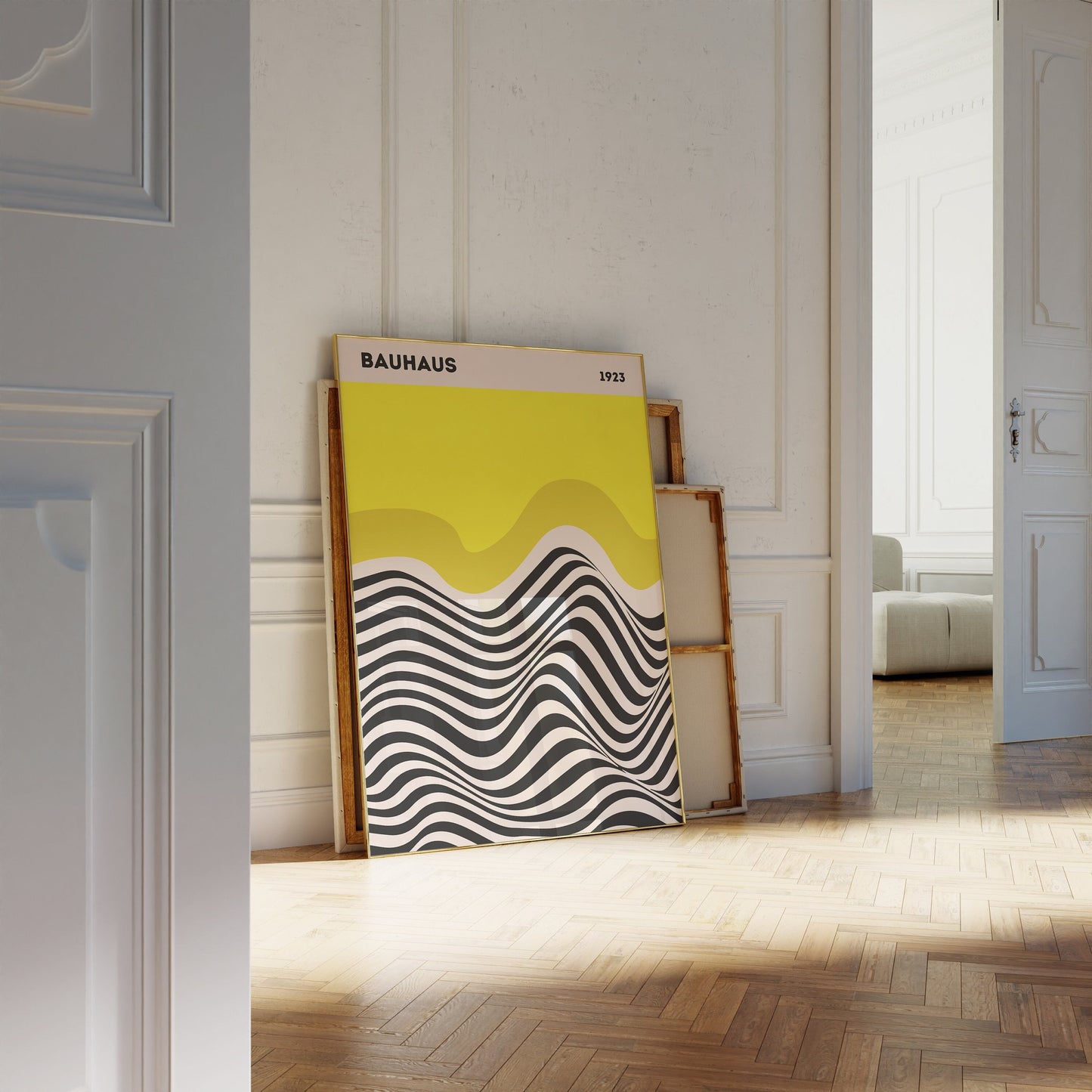 Stylisches Bauhaus Ausstellung Poster im Innenraum, ideal für moderne Wandkunst. Geschenkidee von justgoodmood!