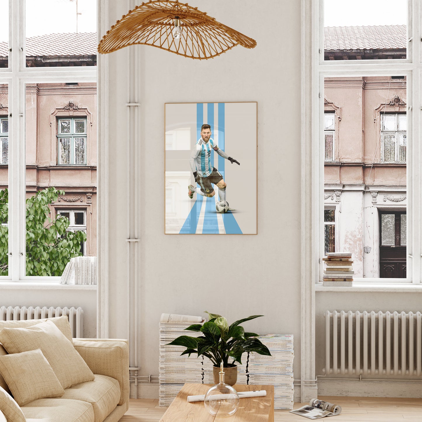 Messi Poster Fußball Minimalistisch von justgoodmood, stilvoll in einem modernen Raum präsentiert, mit blauem Streifen-Hintergrund.
