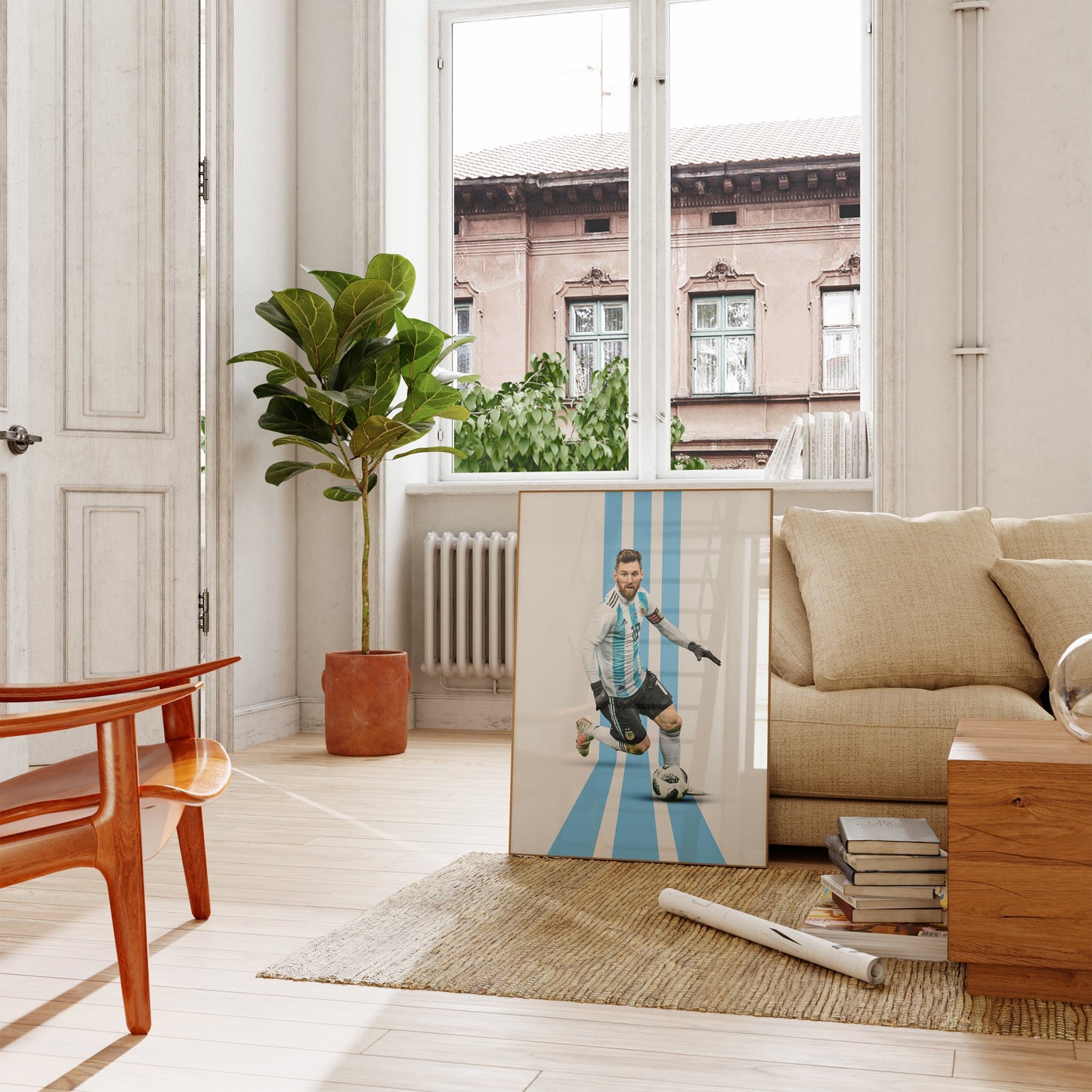 Modernes Messi Poster zum Fußball, minimalistisch im Mid Century Modern Stil, ideal als Wanddeko für Fans, erhältlich bei justgoodmood.