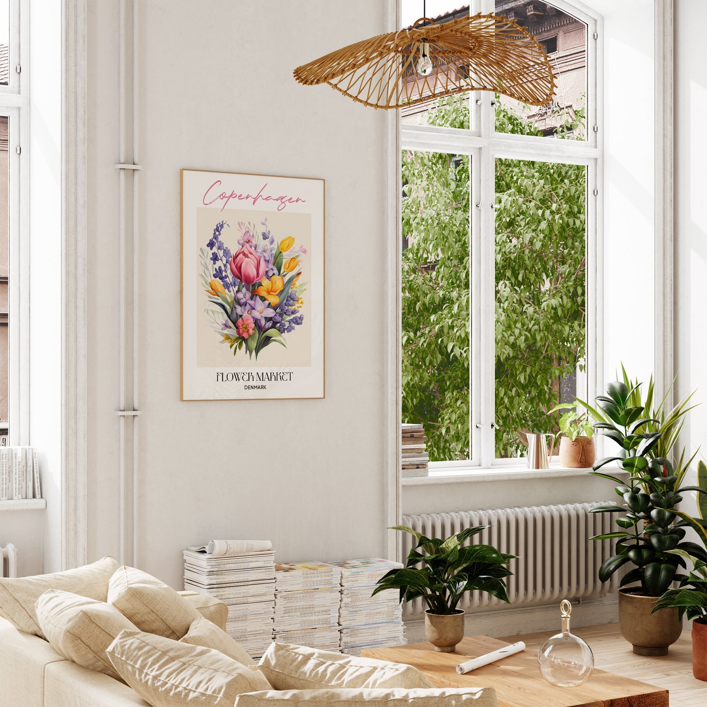 Copenhagen Flower Market Design Poster von justgoodmood, dekoriert in einem modernen Wohnraum mit natürlichem Licht und einer attraktiven Einrichtung.