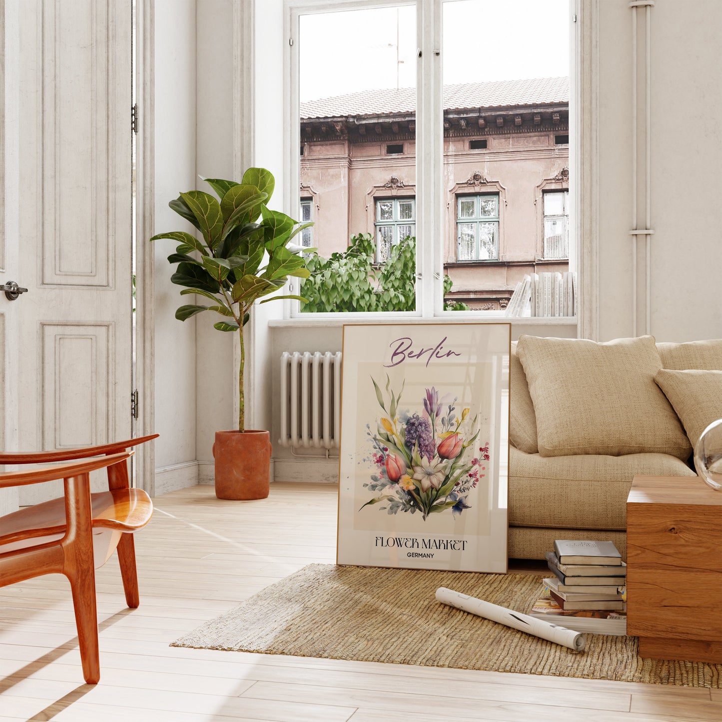 Berlin Flower Market Germany Design Poster von justgoodmood, im Vordergrund in einem stilvollen Wohnzimmerarrangement, kombiniert mit Pflanzen und warmen Farben, die einladende Atmosphäre schaffen.