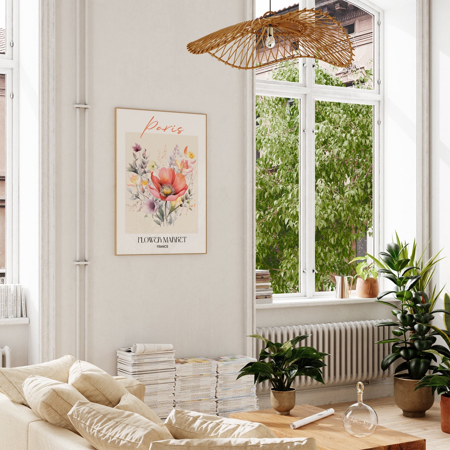 Das bezaubernde Paris Flower Market Poster von justgoodmood dekoriert eine helle Wand in einem Wohnzimmer, umgeben von natürlichem Licht und Pflanzen.