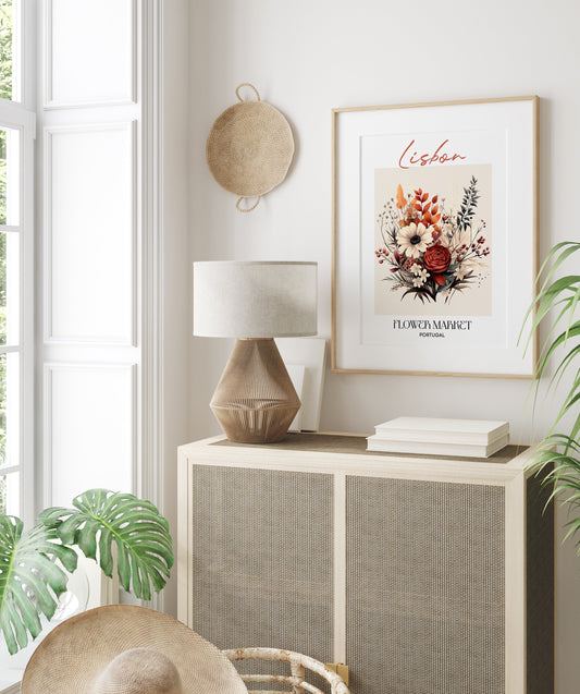 Lisbon Flower Market Poster von justgoodmood, elegant gerahmt und dekorativ in einem hellen Wohnraum mit einem schönen Tisch und Pflanzen.