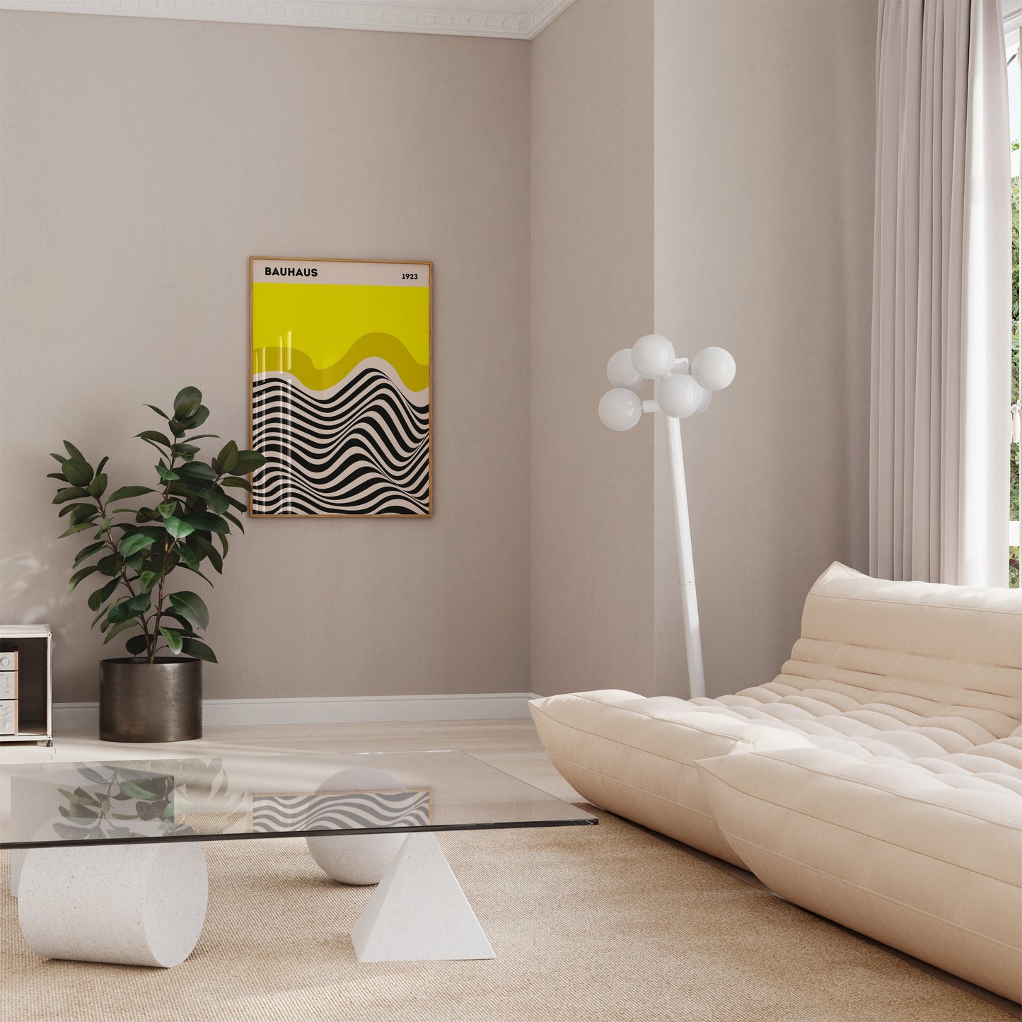 Stilvolles Wohnzimmer mit Bauhaus Ausstellung Poster, dekoriert von justgoodmood - kreative Wandgestaltung für dein Zuhause.