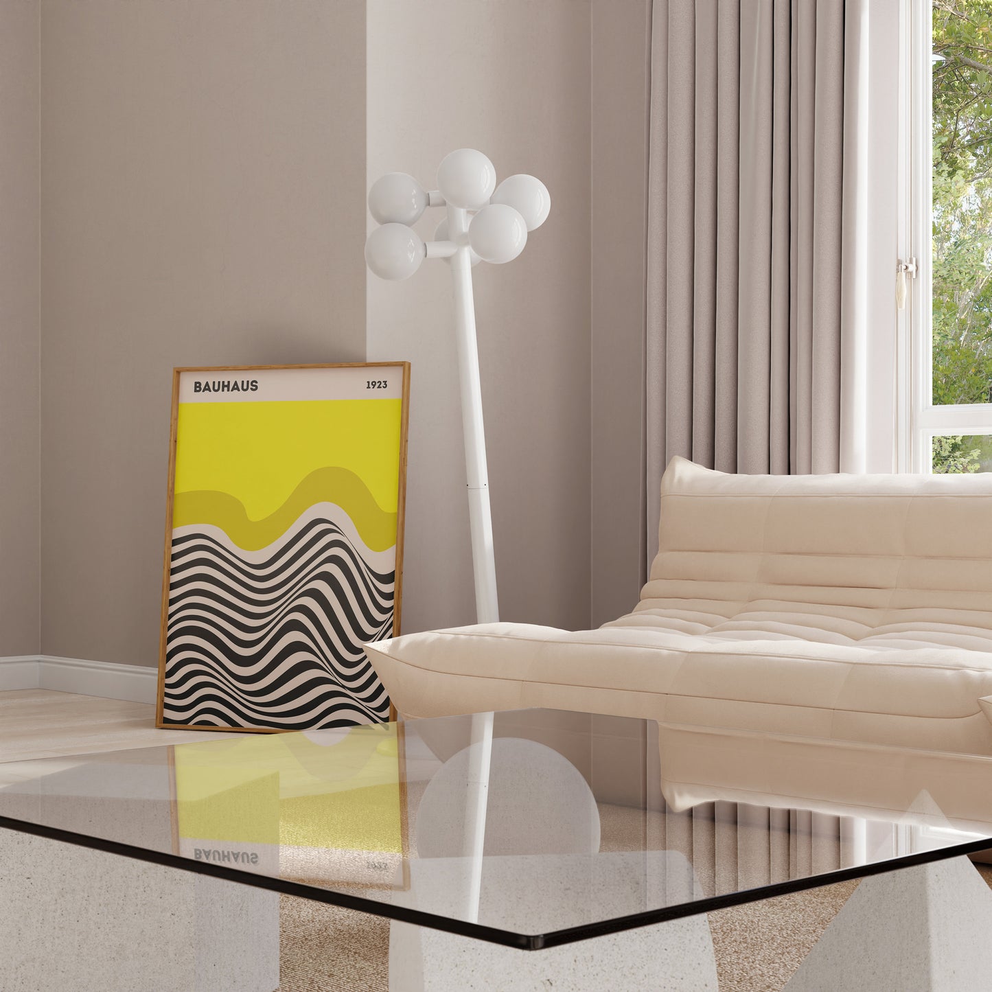 Eindrucksvolles Bauhaus Ausstellung Poster neben stilvollem Möbel im Wohnzimmer, ideal für kreative Deko von justgoodmood!