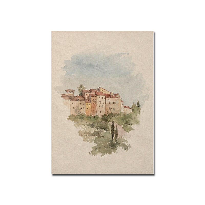 Poster Aquarell Marokkanische Architektur Meeresküste Wolken und Pflanze als Deko Print ohne Rahmen - justgoodmood