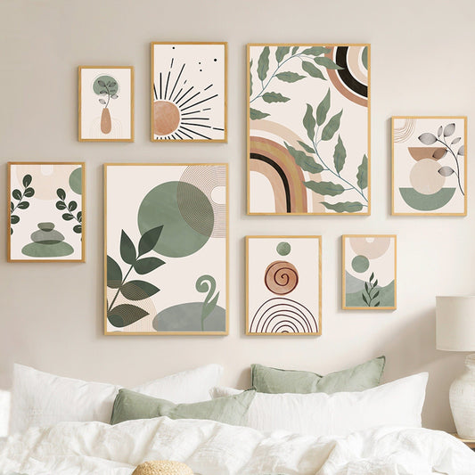 Poster Blätter Boho Geometrische Formen Grün | Bilder Wohnzimmer | Wandbilder Schlafzimmer | Deko Print ohne Rahmen | Bilder Set Kunstdruck - justgoodmood