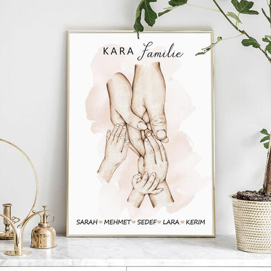 Poster Familie Personalisiert Hände Halten mit Namen als Deko Print ohne Rahmen - justgoodmood