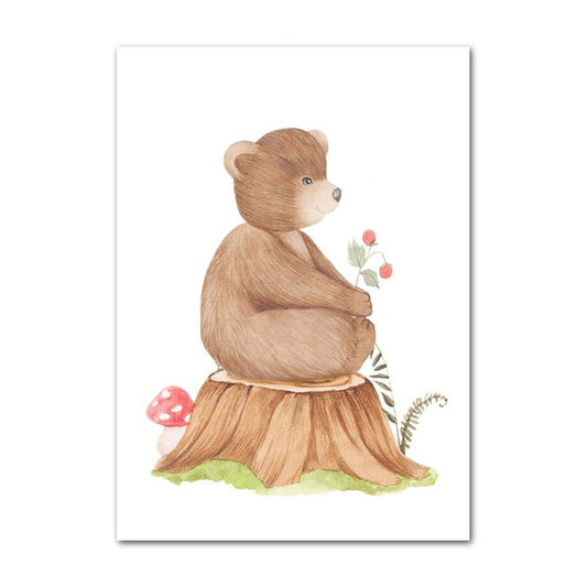Poster Kinder süße Tiere im Boho Stil Bär Eichhörnchen Schnecke Pilzhaus und Blumen als Deko Print ohne Rahmen - justgoodmood