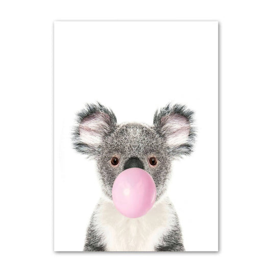 Poster Kinder Tiere mit rosa Kaugummi Panda Eule Alpaka Elefant Koala und Affe als Deko Print ohne Rahmen - justgoodmood