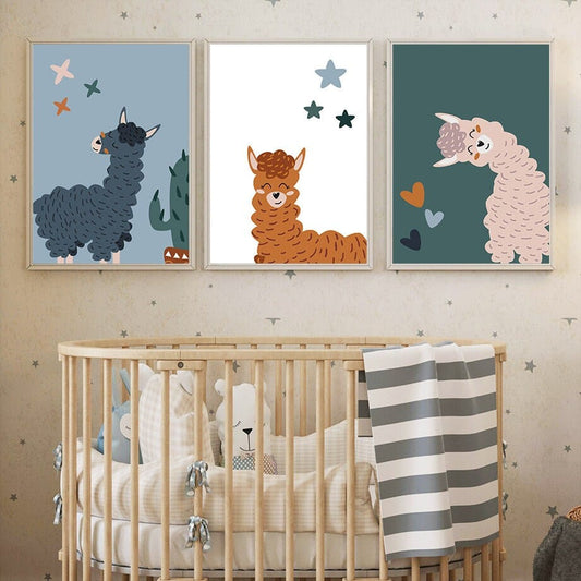 Poster Kinderzimmer Alpaka Regenbogen Kaktus Zeichentrick I Kinderzimmer Bilder I Wand Deko I Kunst Druck I Deko Print I ohne Rahmen - justgoodmood