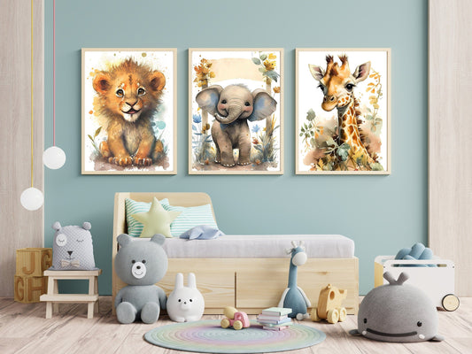 Poster Kinderzimmer Tiere Wald Dschungel Aquarell Löwe Elefant I Kinderzimmer Bilder I Wand Deko I Kunst Druck I Deko Print I ohne Rahmen - justgoodmood