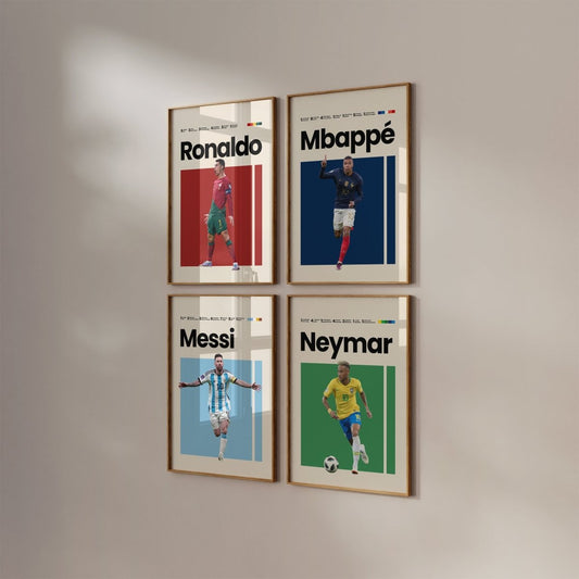 Poster Mbappe Ronaldo Messi Neymar Fußball Minimalistisch I Mid Century Modern I Wanddeko I WM Kunst I Frankreich Trikot I Kunstdruck ohne Rahmen - justgoodmood