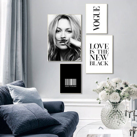 Poster Schwarz Weiß Kate Moss Vogue I Vintage I Wohnkultur| Wohnzimmer | Wandbilder Schlafzimmer | Deko Print ohne Rahmen | Bilder Set - justgoodmood