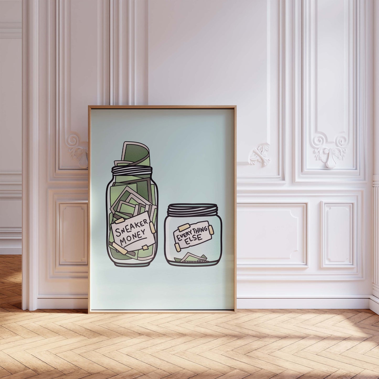 Sneaker Money Glas Illustration Poster · Geschenkidee · Lustiges Spar Design · Streetwear Humor Kunst · Moderne Wanddeko · Print ohne Rahmen