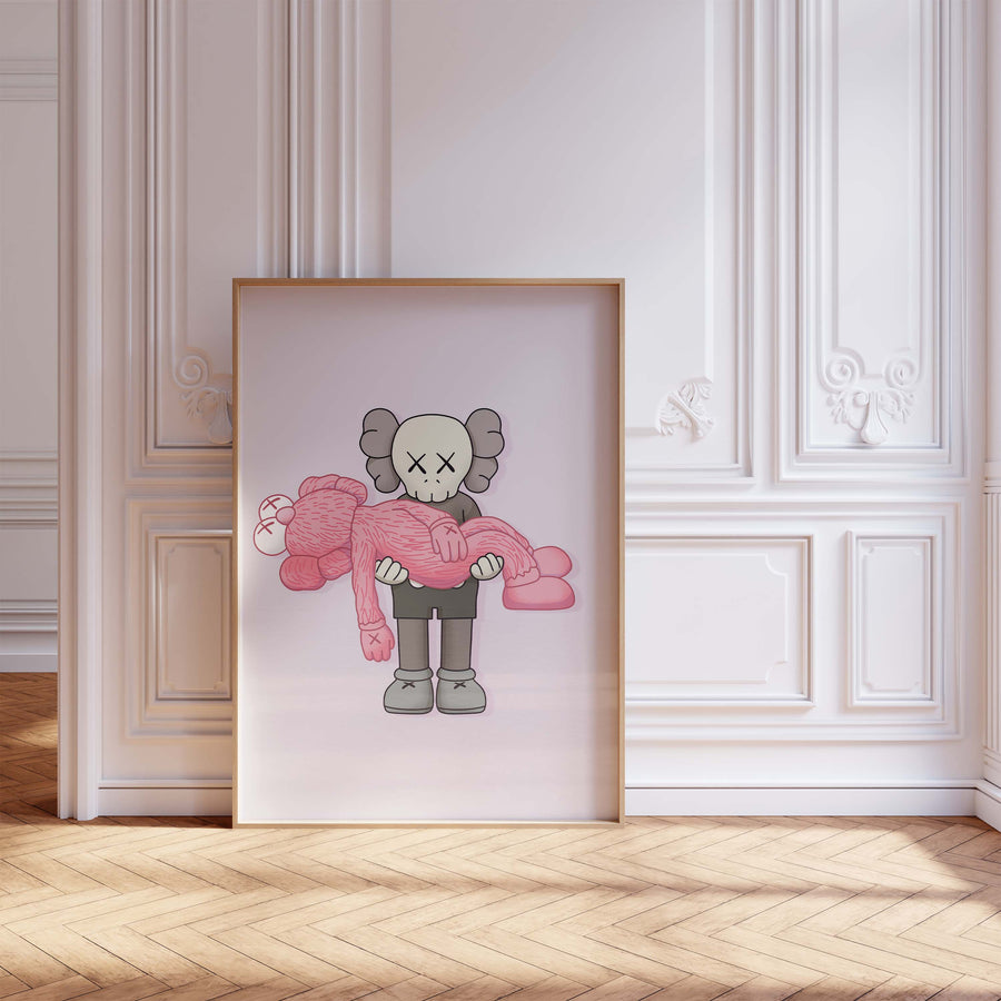 Moderner Kunstdruck auf Baumwollcanvas mit stilisierter, grauer Pop-Art-Figur, die eine rosa Plüschpuppe im minimalistischen Design trägt, als zeitgemäße Wanddekoration.