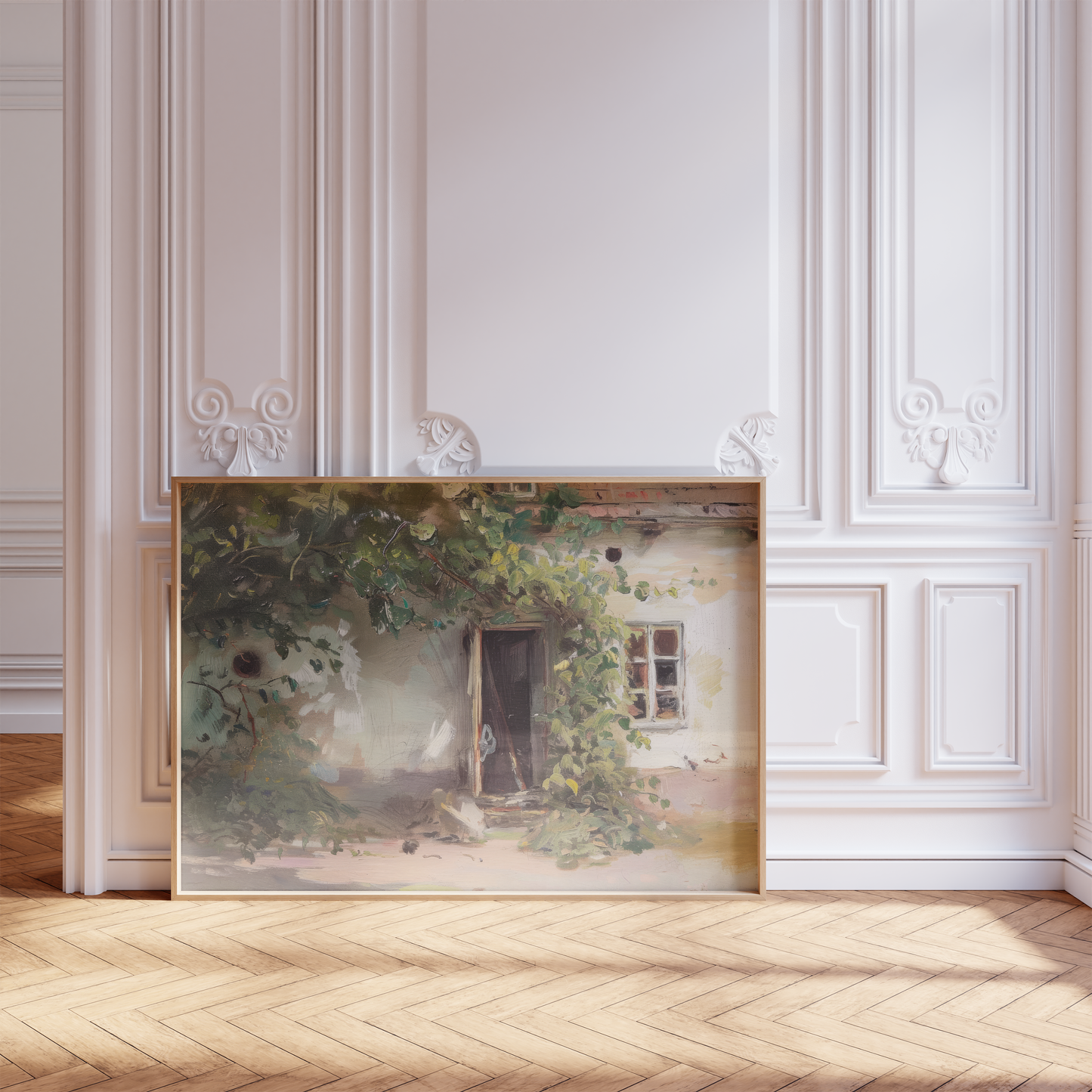 Moderne Landschaft Poster · Geschenkidee · Weiße Blüten Alpen Flieder Französische Straßenszene · Dekoprint ohne Rahmen