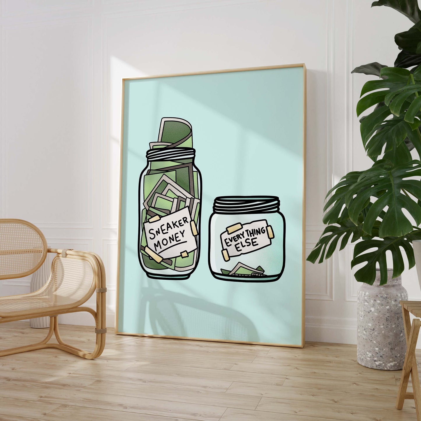 Sneaker Money Glas Illustration Poster · Geschenkidee · Lustiges Spar Design · Streetwear Humor Kunst · Moderne Wanddeko · Print ohne Rahmen