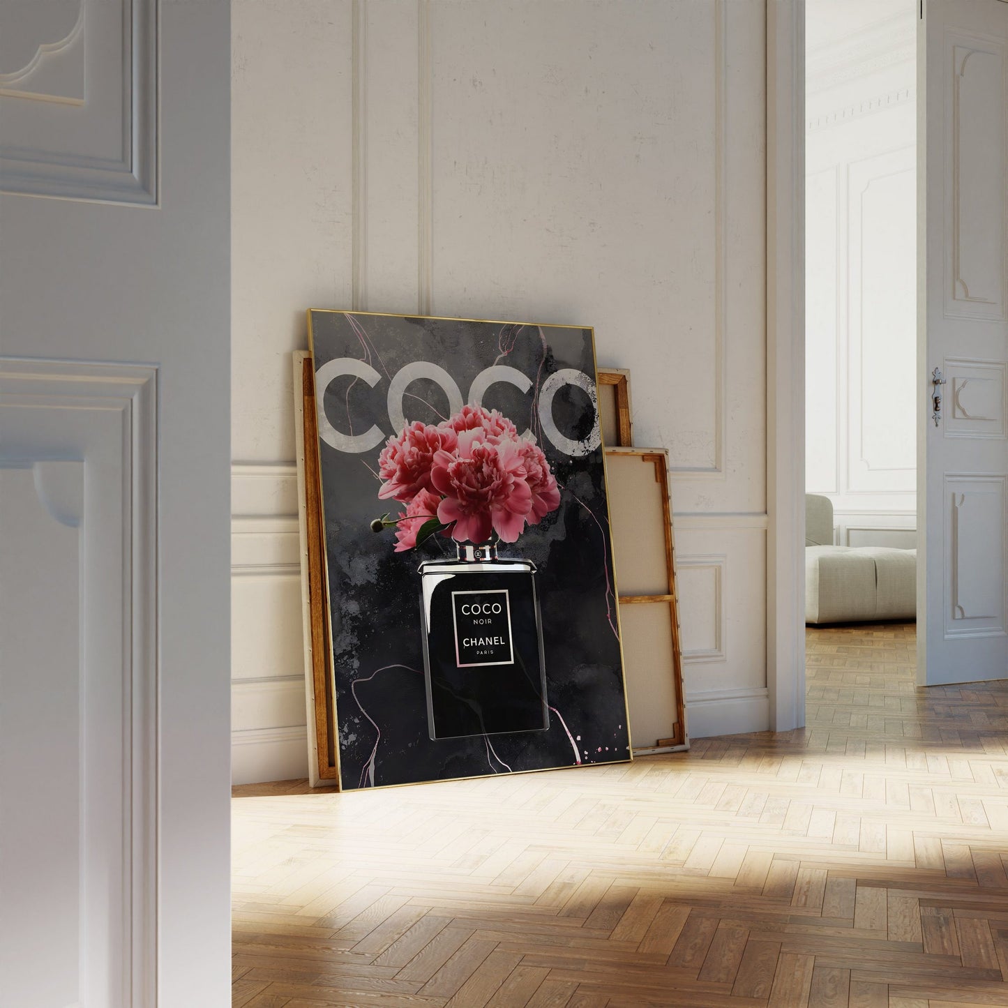 Coco Chanel Poster · Zeitlose Eleganz: Die Blüte des Chanel Noir · Farbenfrohe Verführung · Wand Dekoration · ohne Rahmen