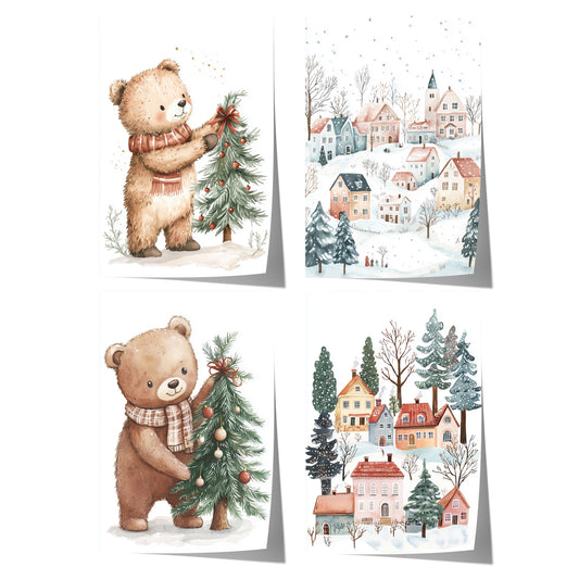 Weihnachten Kinderzimmer Süß Winter Aquarell Bär Dorf Poster · Kinderzimmer Bilder · Wand Deko · Kunst Druck · Deko Print ohne Rahmen