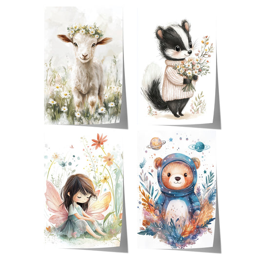 Tiere Kinderzimmer Süß Aquarell Ziege Stinktier Bär Fee Poster · Kinderzimmer Bilder · Wand Deko · Kunst Druck · Deko Print ohne Rahmen
